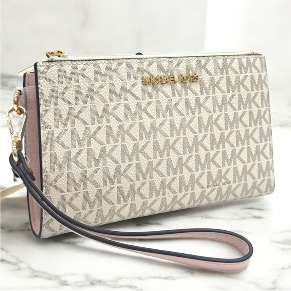 Michael Kors Large Jet Set Travel Double Zip Wallet Powder Blush Multi - Picture 1 of 9